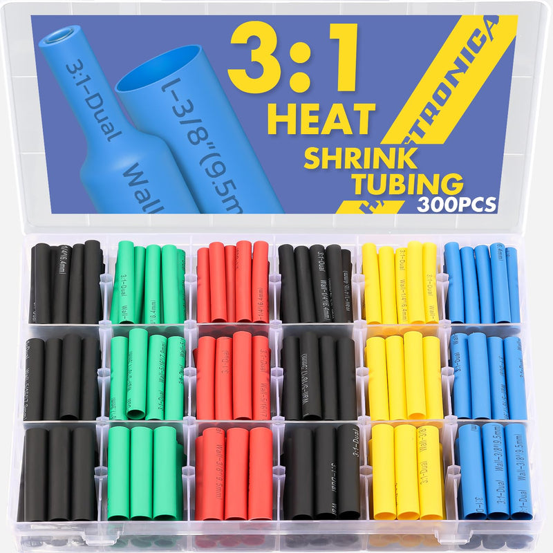 haisstronica 300PCS Heat Shrink Tubing,3:1 Ratio Marine Heat Shrink Tube Kit 6 Colors 3 Sizes Black, Red, Blue, Yellow,Green Multicolored