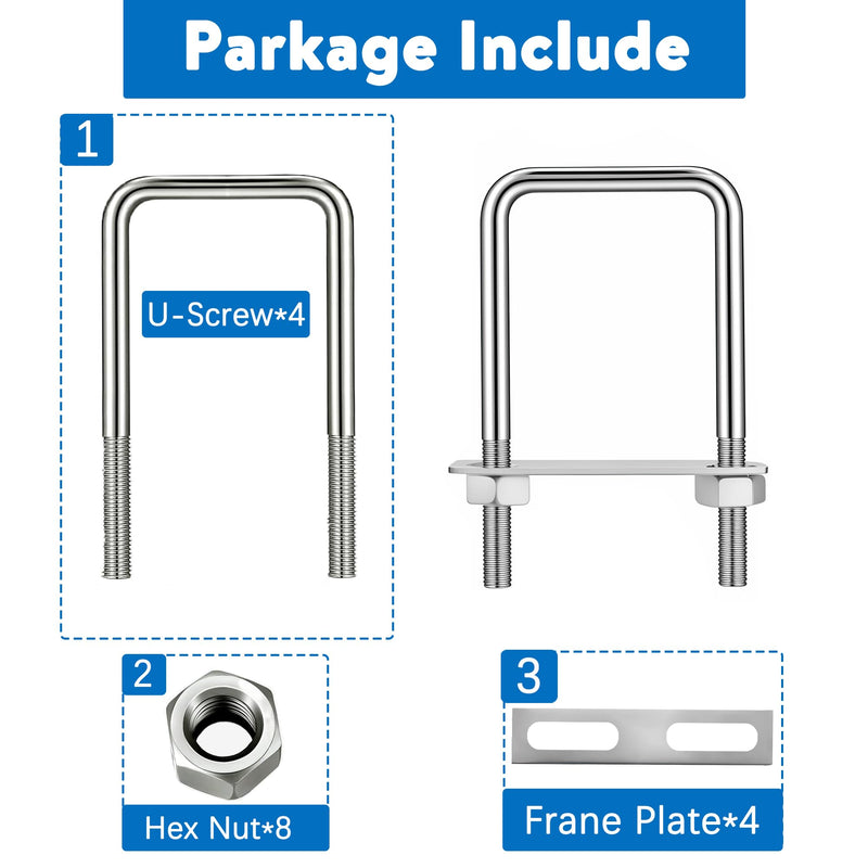 [Australia - AusPower] - 2" W x 4.33“ L Stainless Steel Square Bend U Bolts with Nuts and Frame Plate for Automobiles Trailer, Ski Boat, or Sailboat Trailer Square U-Bolt ?M10 x 50mm x 120mm? 
