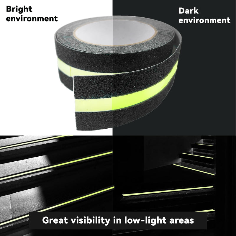 Daily Treasures 2 Pack Anti-Slip Grip Tape Glow in Dark, 2"×16Ft Luminous & 1"×16Ft All-Luminous Stair Non Slip Adhesive with A Roller,PET High Traction Grit Tapes for Stairs Steps Indoor&Outdoor