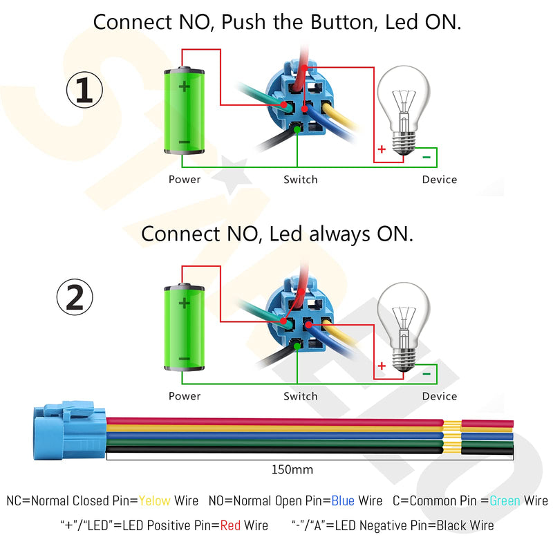 [Australia - AusPower] - STARELO 5pcs 16mm Latching led Push Button Switch Black Shell, IP65 Waterproof Push Button Switch,1NO 1 NC with Wire Socket Plug,Self-Locking with LED(Blue). 16mm Black Shell/ Ring LED 