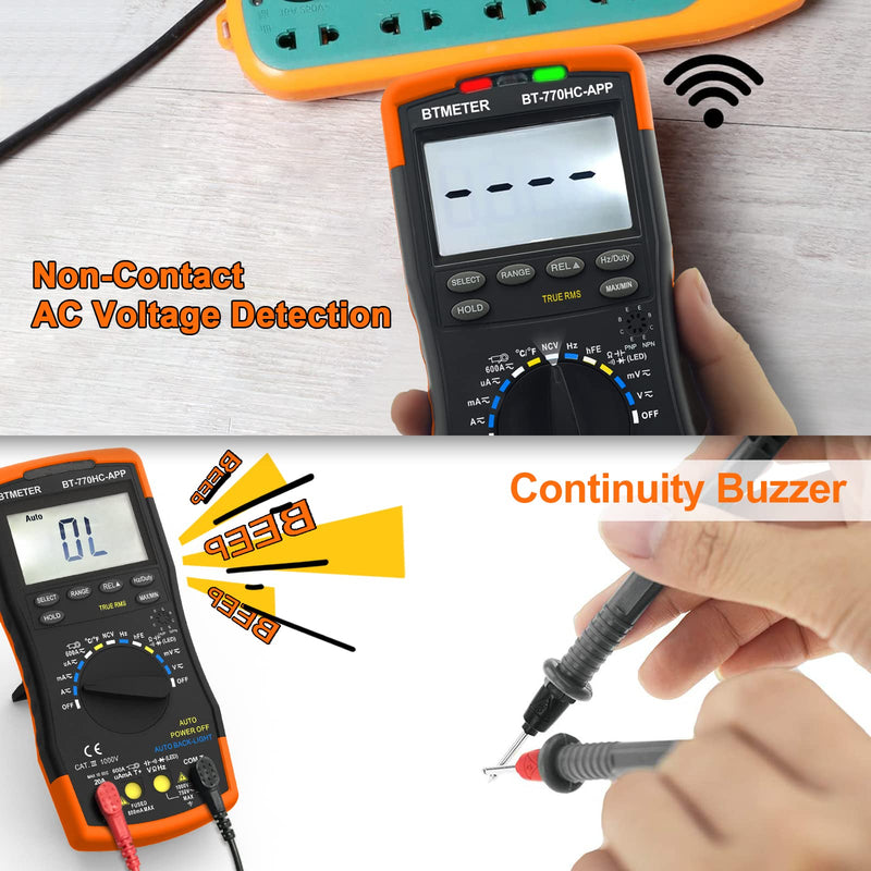 BTMETER Digital Multimeter, Handheld TRMS 6000 Multi Meter Auto Range Voltmeter Ammeter Measure AC DC Volt Amp Ohm Continuity Capacitance Frequency Diode hFE Transistor Temp 770HC-APP 6000 Counts Multimeter Logger 770HCAPP