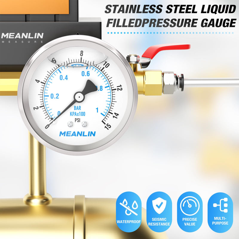 [Australia - AusPower] - MEANLIN MEASURE 0~1BAR/15PSI Stainless Steel 1/4 Inch BSP 2.5 Inch Face Dial Liquid Filled Pressure Gauge WOG Water Oil Air Rear Mount, with 1/4" x 1/2" BSP and 1/4" x 3/8" BSP Hex Socket 0~1BAR/0~15PSI Rear mounted 