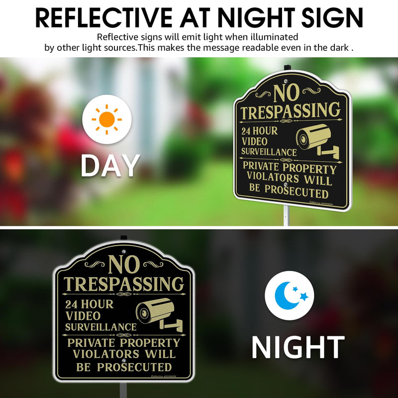 Faittoo No Trespassing Signs Private Property Video Surveillance Sign with 42" Stake, 2-Pack 12"x12" Rust Free Aluminum, Reflective, 2 Pre-drilled Holes, Includes Matching Screws & Wren Black Gold with 42" Stake- 2 Pack