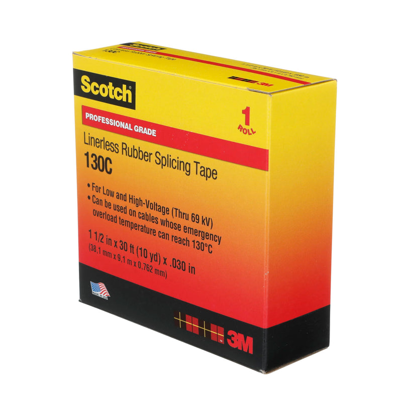 3M Scotch Linerless Electrical Splicing Tape 130C for Wires and Cables, 1-1/2 in x 30 ft, Rubber Backing, Self Fusing, UV Resistance, Highly Conformable, Moisture Seal, Black, 1 Roll