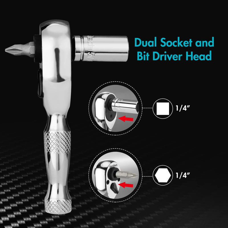 [Australia - AusPower] - DURATECH 1/4-Inch Stubby Ratchet Wrench, Socket&Bit Driver, 72-Tooth, Chrome Alloy Made, Chrome Plated Finish 1/4" Dual Head Ratchet 