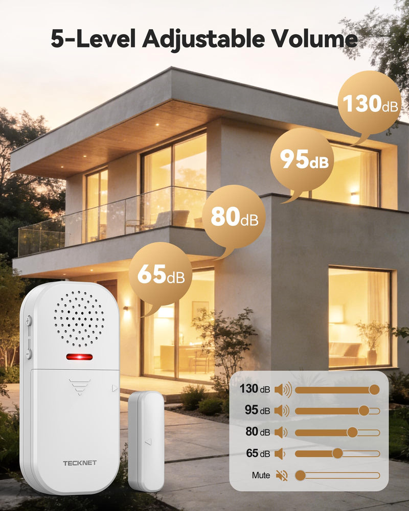 TECKNET Door Alarms When Opened for Kids Safety, 130dB Loud Adjustable Volume Window Alarm with Flashing LED, 4 Modes Door Alarm with Remote 60m/200ft, Easy to Install for Home Security, 4PCS White 4 PCS
