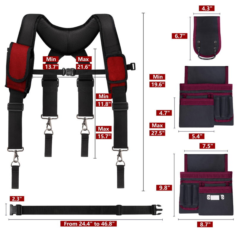 Tool Belt With Suspenders, 24 Pockets Tool Bag with Magnetic Wristband, Detachable Tool Pouch Bag, Adjustable Waists for Men Electrician Carpenter Construction (Red) TBS01-Red