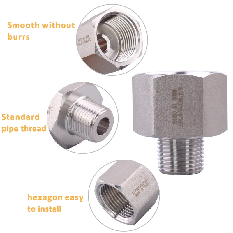 [Australia - AusPower] - Forged Reducer Adapter Fitting - Stainless Steel 304 Reducing Pipe Connector, 3/4" NPT Female x 3/8" NPT Male (pack of 2) 3/4" FNPT x 3/8" MNPT(NPT size not actual diameter Pack of 2 