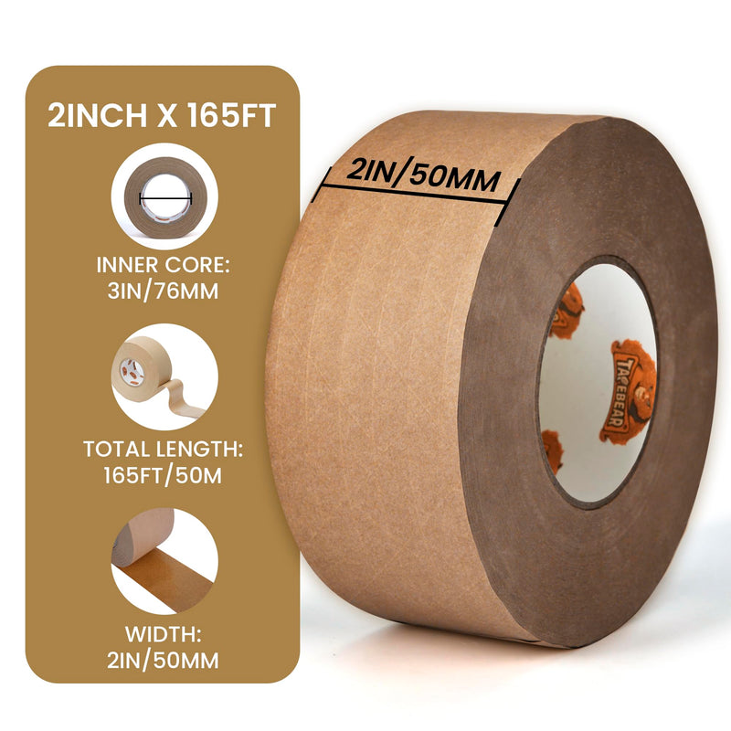 TAPEBEAR Water Activated Tape, Fiber Reinforced Gummed Tape 2inch x 165ft, Eco-Friendly Kraft Paper Tape Biodegradable Brown Packing Tape for Security Sealing, Heavy Duty Packaging and Shipping 1