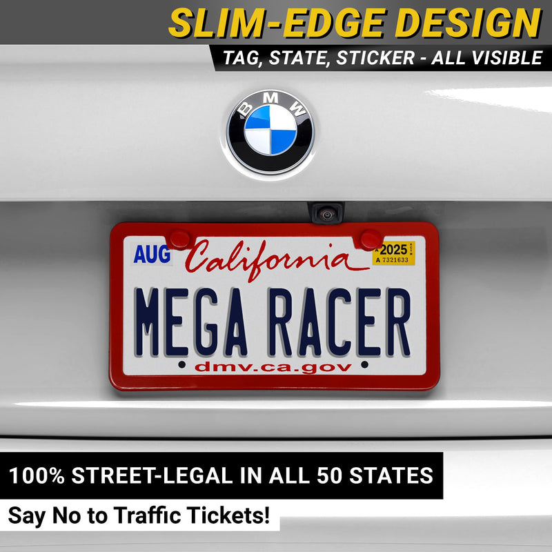 Premium Slim Red License Plate Frames – 2 Pack, Rust-Free Stainless Steel, Street Legal & Rattle-Free, Universal Fit with Screw Caps, Sleek Thin Metal Front & Rear Car Tag Holders for Men & Women 2 Piece
