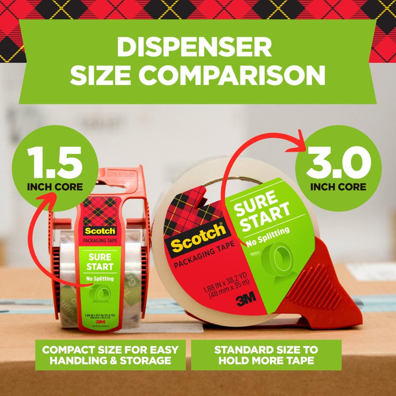 Scotch Sure Start Packing Tape, Clear, Quiet Unwind and Easy Start, 1.88 in. x 22.2 yd., 6 Tape Rolls with Dispensers 6 Rolls