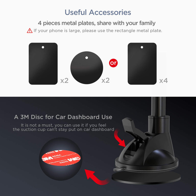 [Australia - AusPower] - IPOW Long Arm Universal Magnetic Cradle Windshield Dashboard Cell Phone Mount Holder with 4 Metal Plates, Soft Firm Goose Arm & Enhanced Suction Cup 7.6" Long Arm Magnetic 