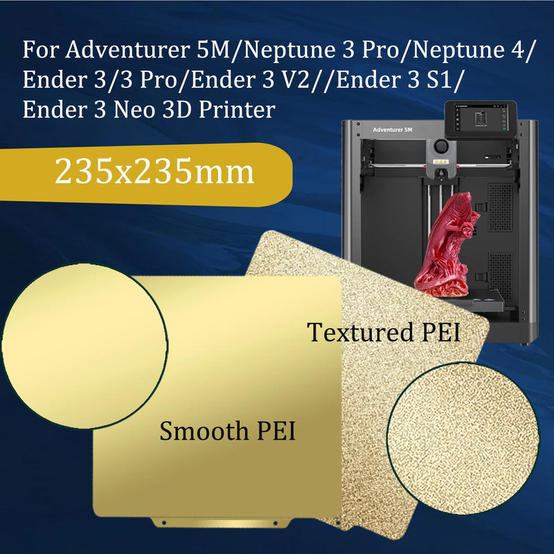 [Australia - AusPower] - Smooth PEI+Textured PEI Spring Steel Build Plate 235x235mm for Ender 3/Adventurer 5M/Neptune 3 Pro/Neptune 4/Ender 3 Pro/Ender 3 V2/Ender 3 S1/Pro/Ender 3 Neo/Ender 3 V2 Neo 3D Printer. Smooth PEI+Textured PEI(No Magnetic Sticker) 
