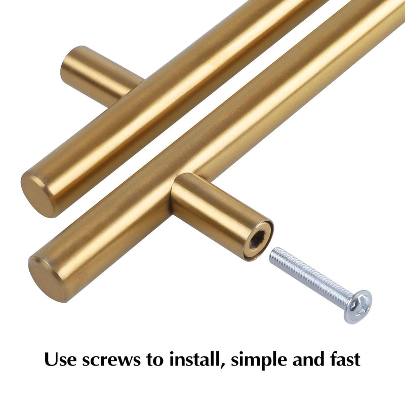 10 Pack 8" Brushed Brass Cabinet Cupboard Drawer Door Handle Pull Stainless Steel T bar Drawer pulls, 6" Length, 5" Hole Center Gold