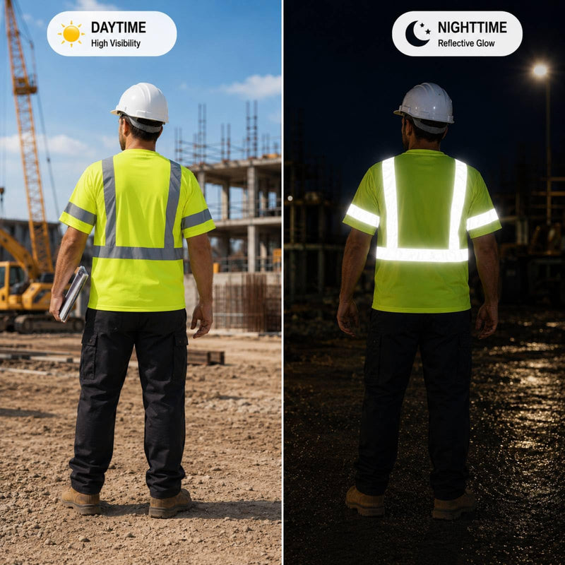 Hi Vis Safety Short Sleeve T Shirt, Class 3 Reflective High Visibility for Men & Women, for Construction, Running, Night Work Large