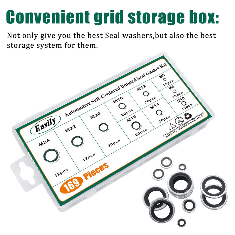 [Australia - AusPower] - 169PCS Automotive Self-Centered Bonded Seal/Gasket Assortment, Bonded Washer 10 Sizes, M6 to M24 