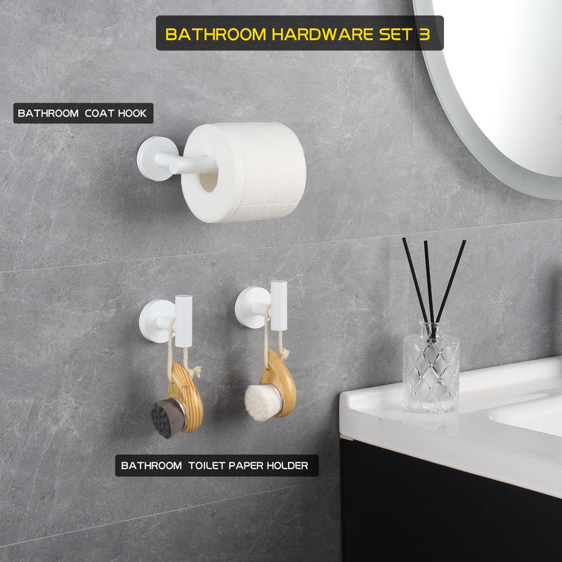 GERZWY 3-Piece Bathroom Accessories Hardware Set SUS 304 Stainless Steel - 2X Coat Hook Toilet Paper Holder, White