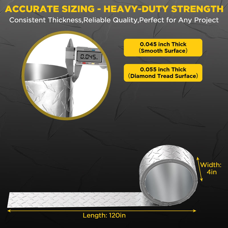 Aluminum Diamond Plate Sheet Metal, Mill Finish Diamond Sheet, Tread Texture Metal Panel Easy to Cut/Drill — for Commercial & Residential Use, Truck Beds, Trailers, Garage Walls & Cabinets, 120" × 4" 120x4In 0.045" Thick