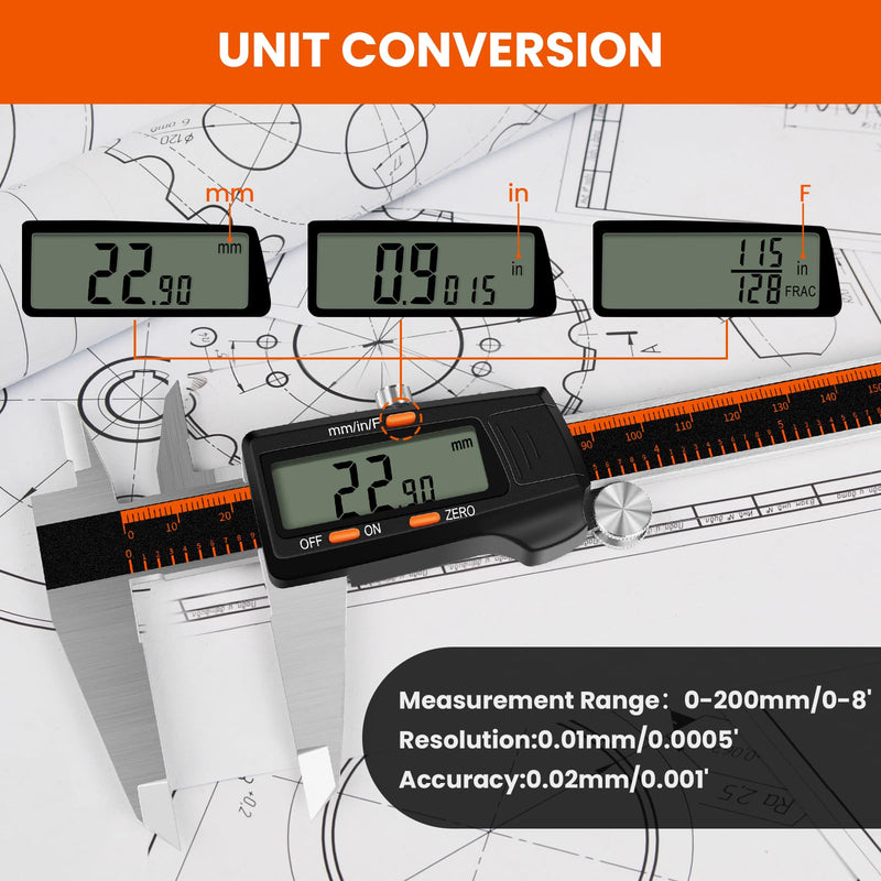 [Australia - AusPower] - HARDELL Digital Caliper, 0-8 Inch Measuring Tool Large LCD Screen,Stainless Steel,Auto-Off,Inch/Fractions/Millimeter Waterproof Caliper Digital Micrometer for DIY/Household/3D Printing 