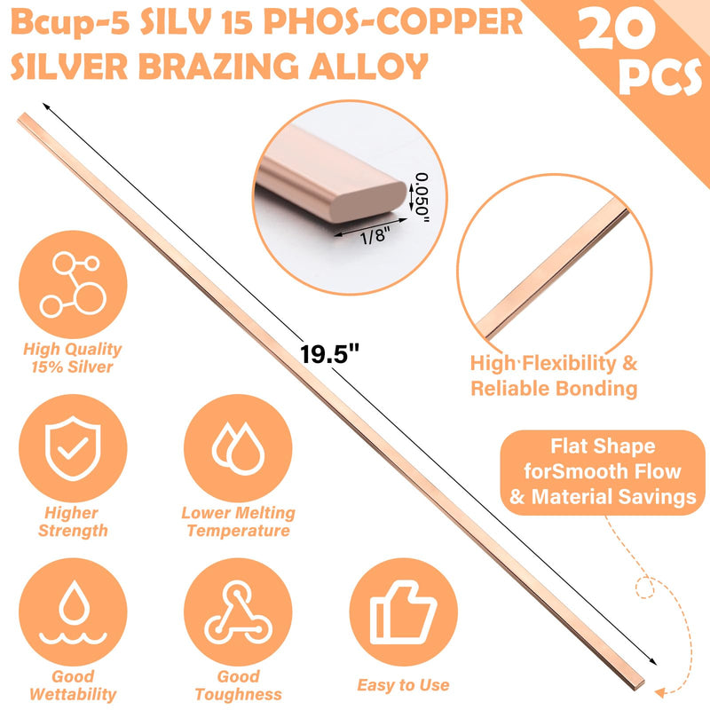 Therwen 40 Sticks Silver Brazing Rods Aws Bcup-5, 15% Silver 0.050" x 1/8" x 19.5" Solder Phos Copper Brazing Alloys Flat Welding Rods Industry for Air Conditioning Refrigerator HVAC Unit