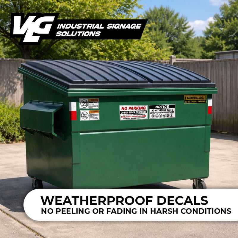 Dumpster Safety Kit Labels – 5 Pack Warning Stickers for Dumpsters & Trash Containers – No Parking, No Hazardous Waste, Max Fill Line, Keep Out, Tipping Hazard – Weatherproof Vinyl Decals