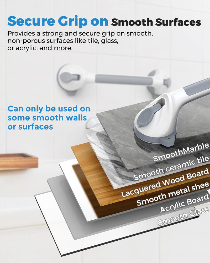 2 Pack 16.5" Suction Grab Bars for Showers with Safety Indicator, No-Drill 4mm Thickened Handicap Shower Handle for Seniors, Non-Slip Bathroom Balance Rail for Smooth Tiles & Tubs Gray White