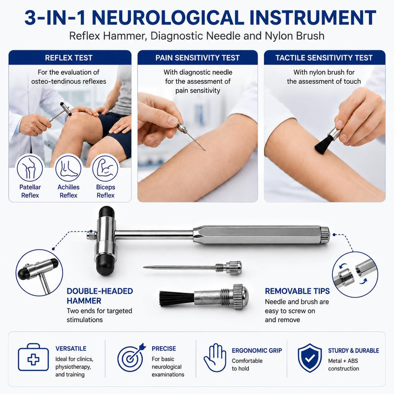 Neurological Reflex Hammer with Integrated Brush & Needle, Double Head ABS Ergonomic for Muscle Reflexes & Percussion - Comprehensive Neurological Examination