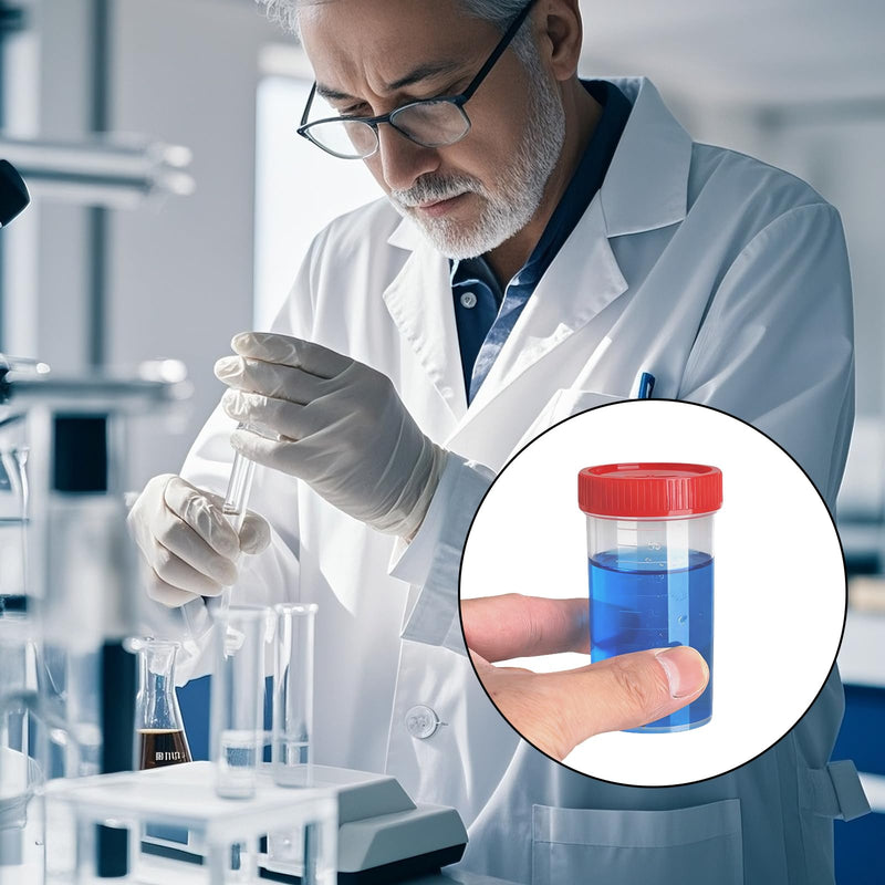 Urine Cup Sample Cup 60 ml with Screw Lid - Urine Sample Container Screw Cap Sample Cup Plastic with Scale & Labels - Sample Storage for Laboratory Medicine Clinic Home