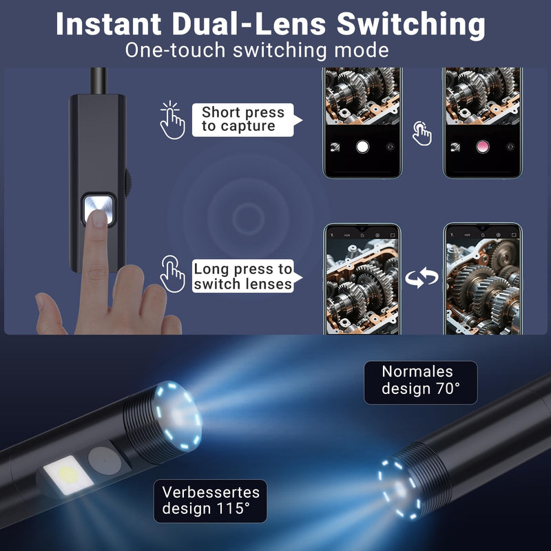 [Australia - AusPower] - Preciva Endoscope Camera with Dual Lenses, 1920P HD Borescope Camera with 8 Adjustable LED Lights, 16.5ft Semi-Rigid for iOS and Android 