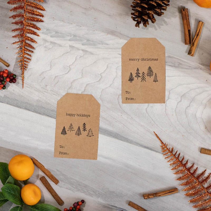 Boho Style Christmas Tree Gift Tag Stickers – 2 x 3 Inch Holiday Labels with Unique Tree Designs – 25 Adhesive Kraft Tags, Eco-Friendly, Made in USA