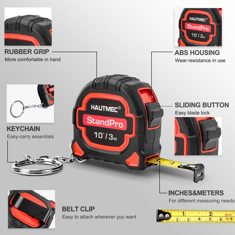 HAUTMEC 3pc Small Mini Tape Measure 10ft, Keychain Measuring, Metric and Imperial Scales, Retractable Pocket Measurement Suitable for Homeowners, HT0252