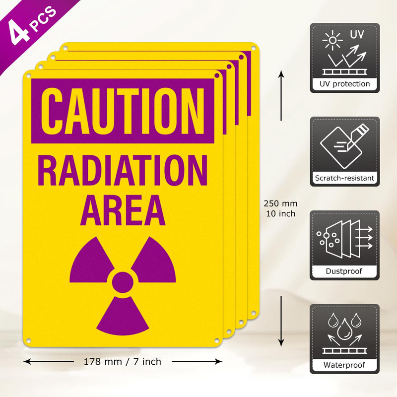 4 Pack Caution Radiation Area Signs 10 x 7 Inch Rust-Free Aluminum OSHA Sign with Symbol UV Protected Industrial Radioactive Warning Signs for Business Construction Site Warehouse