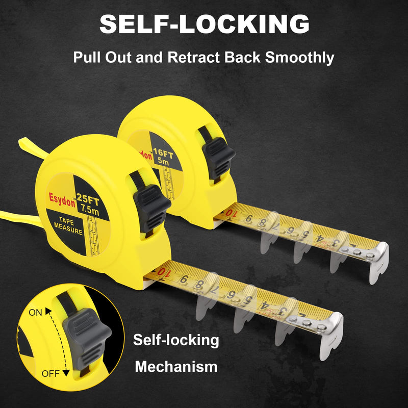[Australia - AusPower] - 2 Packs Tape Measure 25 ft /16 ft, Esydon Measuring Tape Extendable, Self-Locking Tape Measurer, Easy Read Imperial/Metric Scale Measurement Tape for Designer, Decorator, & Handicraftsman 