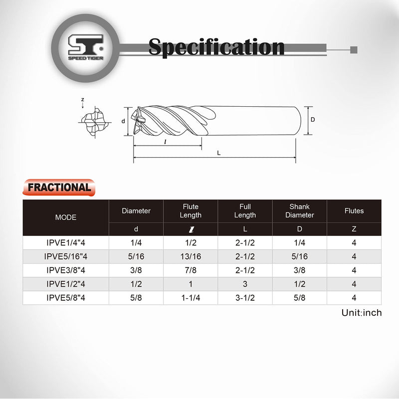 [Australia - AusPower] - SPEED TIGER Carbide Square End Mill - 4 Flute - IPVE1/4"4 (1 Piece, 1/4") - Unequal Flute Spacing & Helix Design - Anti-Vibration - for Stainless Steel - Mill Bits Sets for DIYers & Professionals 1/4 in 