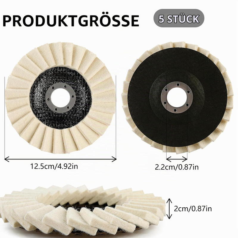 Pack of 5 Polishing Discs 125 x 22.2 mm Felt Polishing Fan Disc for Angle Grinder | Flex polishing disc shiny polishing discs made of wool felt for grinding and polishing paint wood, stainless steel plastic
