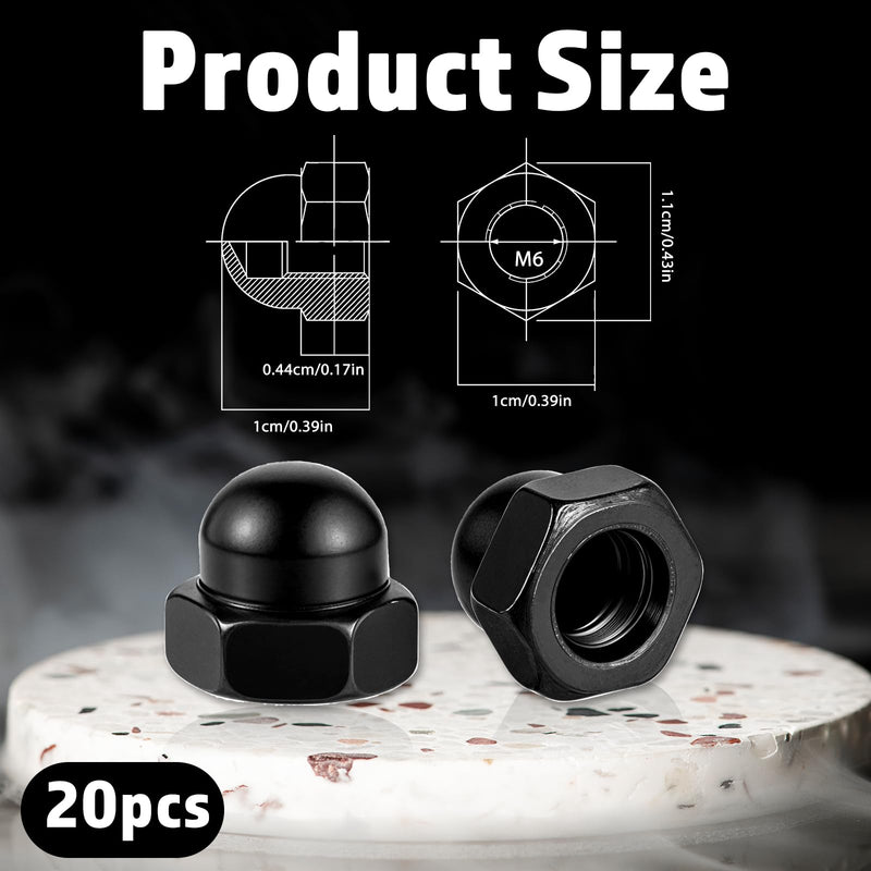 [Australia - AusPower] - M6 Black Acorn Cap Nuts M6-1.0 Dome Head Hex Nuts for Indoor Outdoor 20 Pcs Black Finish Crown Cap Nut for Bolt 