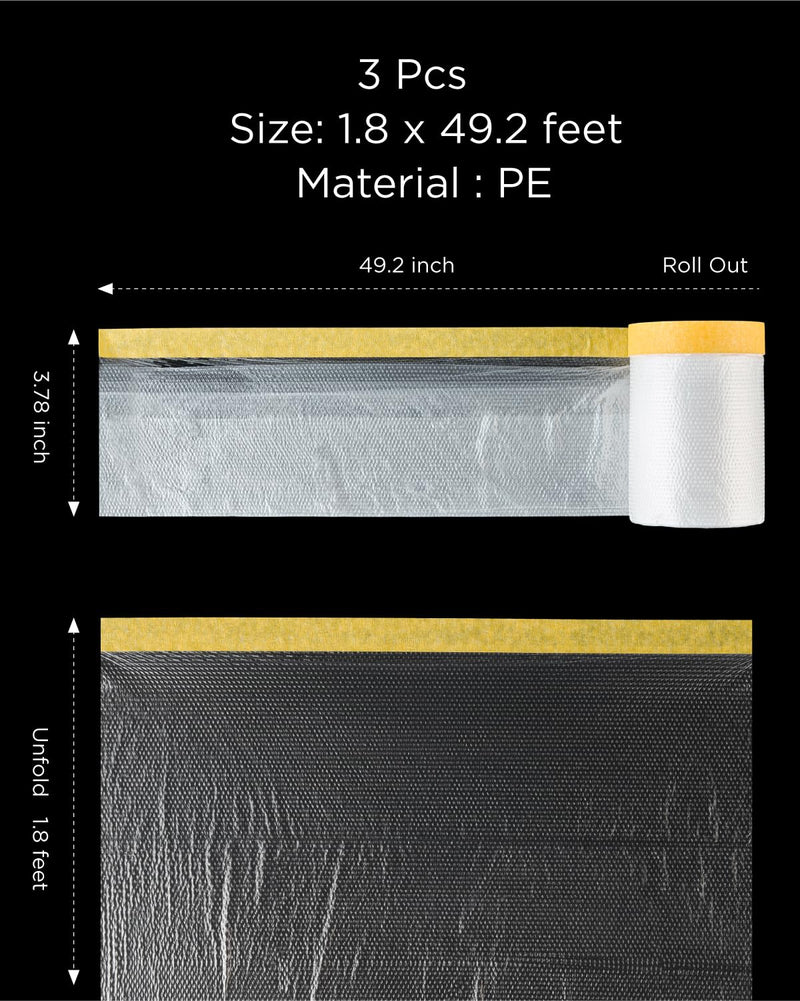 InoKraft Pre-Taped Masking Film for Painting, Painters Plastic Sheeting with Automotive Paint Tape and Drape for Covering Cars, Walls, Windows and Furniture Protection (22" x 66', 3 Rolls)