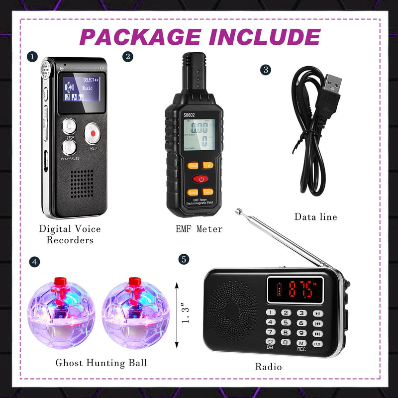 [Australia - AusPower] - Dunzy 5 Pcs Ghost Hunting Equipment Kit Ghost Hunting Box with 1 Emf Meter 2 LED Balls and 1 Digital Voice Recorder Paranormal Equipment Emf Meter Detector for Home Outdoor 