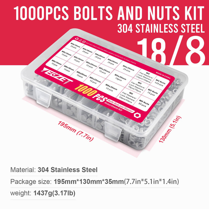 [Australia - AusPower] - YEEZET 1000pcs M4 M5 M6 Bolts and Nuts Washers Assortment Kit, 304 Stainless Steel Metric Bolt Assortment Set,15 Most Common Sizes,10-40mm M4 M5 M6 Bolts and Nuts Kit (SS304 1000PCS) 