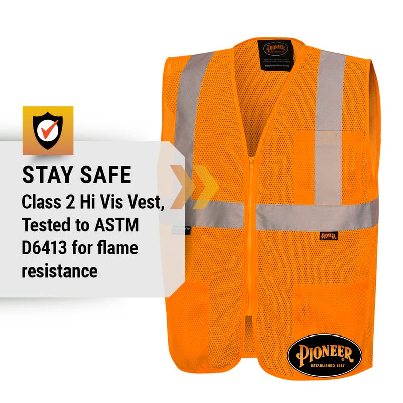 Pioneer Hi Vis Self-Extinguishing FR Safety Vest for Men & Women - Flame Resistant Mesh with Reflective Tape - Class 2 X-Large Orange