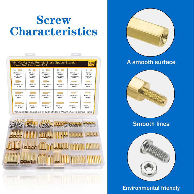 420Pcs M2 M3 M4 Motherboard Standoffs&Screws&Nuts Kit, Hex Male-Female Brass Spacer Standoffs, Laptop Screws for DIY Computer Build, Electronic Projects, Raspberry Pi, Circuit Board etc.