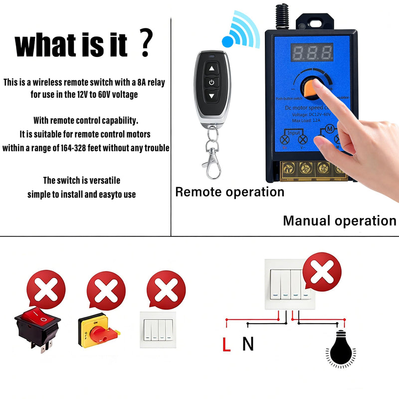 Wireless DC Motor Remote Control Switch,DC 12V-60V 12A M29B Motor Speed Controller Remote Control Switch,Wireless Remote Switch with 100 ft Range,Suitable for Various DC Motors,Lighting Fixtures,Fan.