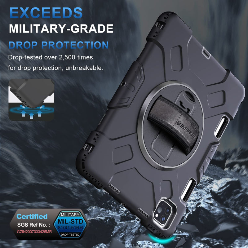 [Australia - AusPower] - SUPFIVES Case for iPad Pro 11 inch (2022/2021/2020), Upgraded Military Grade Shockproof Protector Silicone iPad Pro 11 4th Gen Cover Pencil Holder+ Handle+ Shoulder Strap+ Rotating Kickstand, Black Ipad pro 11 inch 2022/2021/2020/2018 