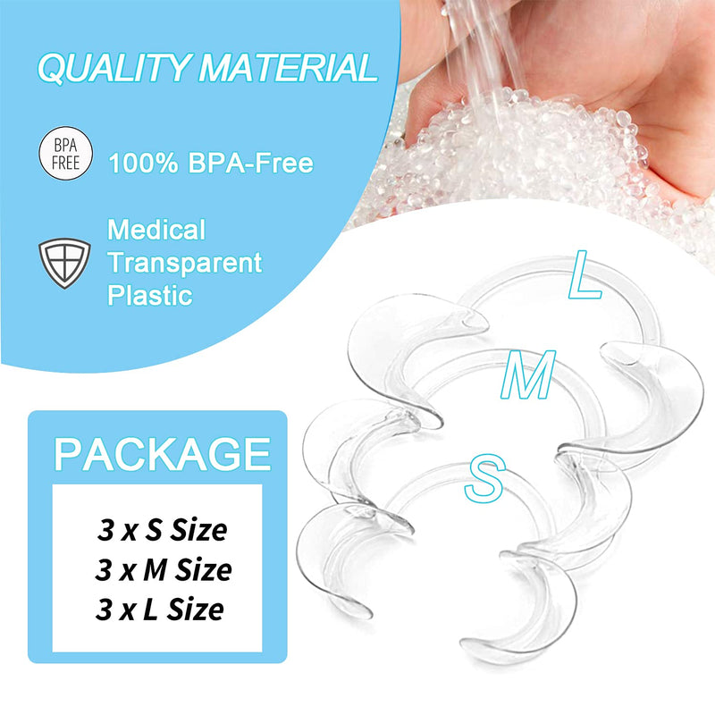 [Australia - AusPower] - Dental Cheek Retractor, 9-Pack 100% BPA-Free C-Shape Autoclavable Mouth Opener Retractors for Teeth Whitening, Party, Mouthguard Challenge Game (3X Size S, 3xSize M, 3xSize L) (9 PACK) 9 PACK 