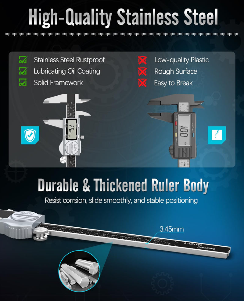 [Australia - AusPower] - Digital Caliper, (ABS) Absolute Scale Caliper 8in, IP54 Electronic Measuring Tool, Inch/MM/Fraction, Auto-Off LCD Stainless Steel Waterproof Micrometer Vernier Caliper, with Feeler Gauges ABS-8inch/200mm 