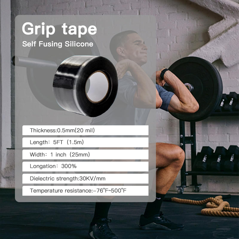 Self-Fusing Silicone Grip Tape for Gym Equipment, Pull Up Bars, Barbells, Dumbbells, Sports Gear, Handles & Steering Wheel, and Tools (Black, 5 FT) Black