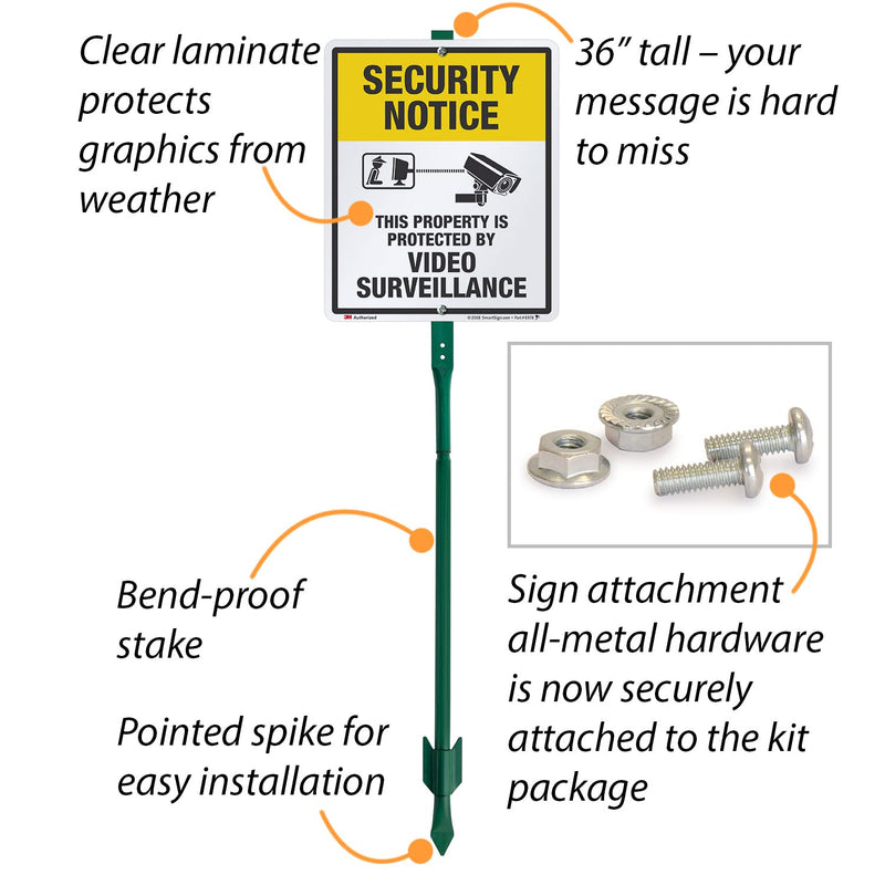 SmartSign 12" x 10" 'Security Notice Property Protected By Video Surveillance' Yard Sign with 3 ft Stake, 40 mil Aluminum 3M Laminated Engineer Grade Reflective, Yellow/Black/White Aluminum Sign with 3' Stake