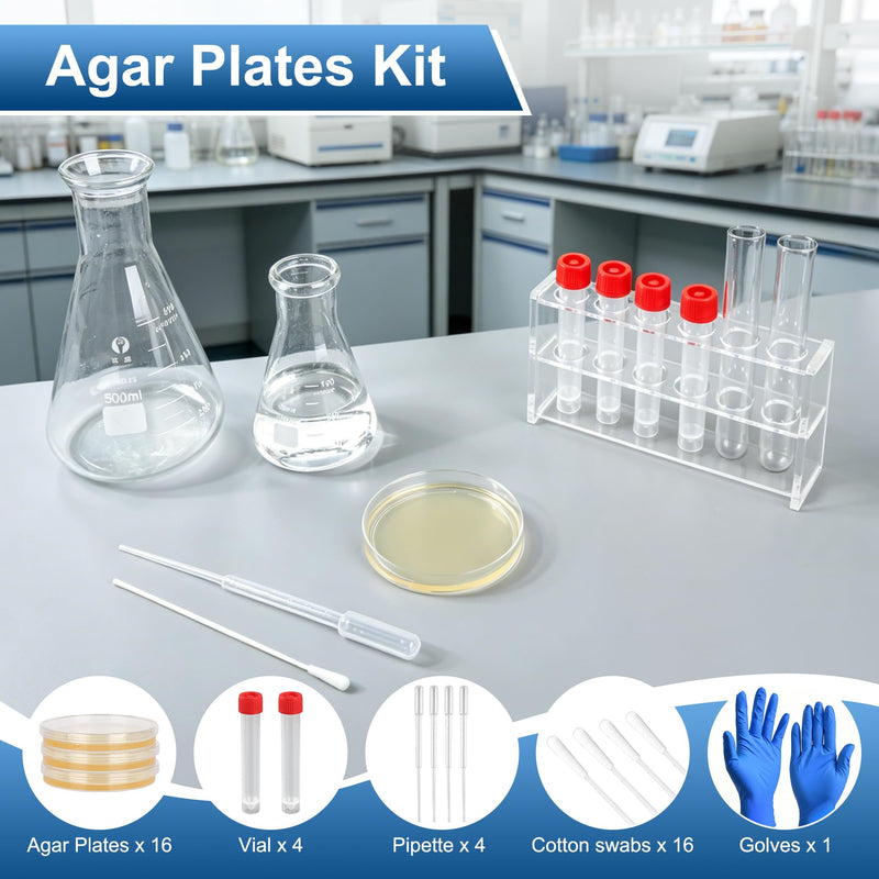 LB-Agar Petri Dishes Science Project Kit,16Pcs Agar Plates and Cotton Swabs Dropper Pipettes for Science Experiments