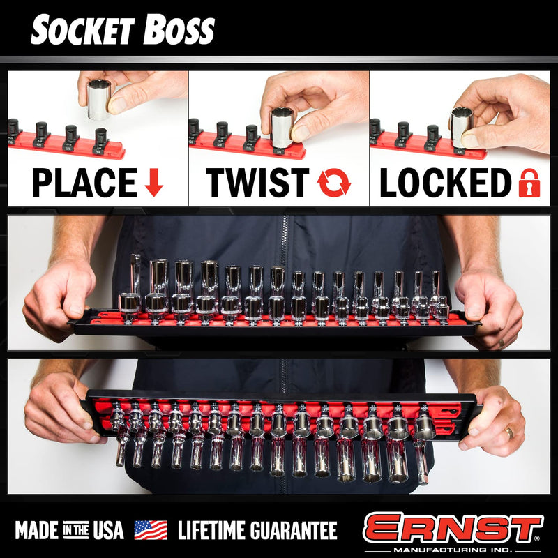Ernst Manufacturing 8487 Socket Boss, 2 18-Inch Rails featuring Twist-Lock Secure Socket Holder and Drawer Tray, Fits 1/2 Inch Drive Sockets, Green - Made in USA 19-INCH 1/2"