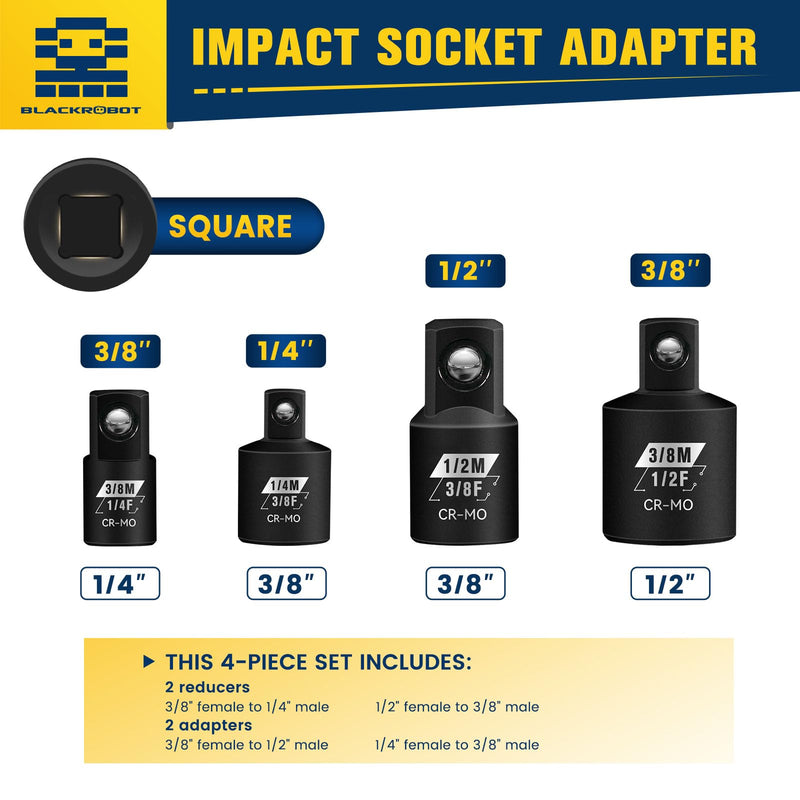 4 Piece Impact Socket Adapter Set, 1/4" 3/8" 1/2" SAE Drive Socket Adapter Set, Square Adapter and Reducer Conversion Set for Impact Driver Wrench, Cr-Mo Steel 4pcs 1/4" 3/8" 1/2" Square Drive